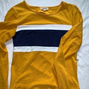 yellow crop long sleeve with blue white stripes
